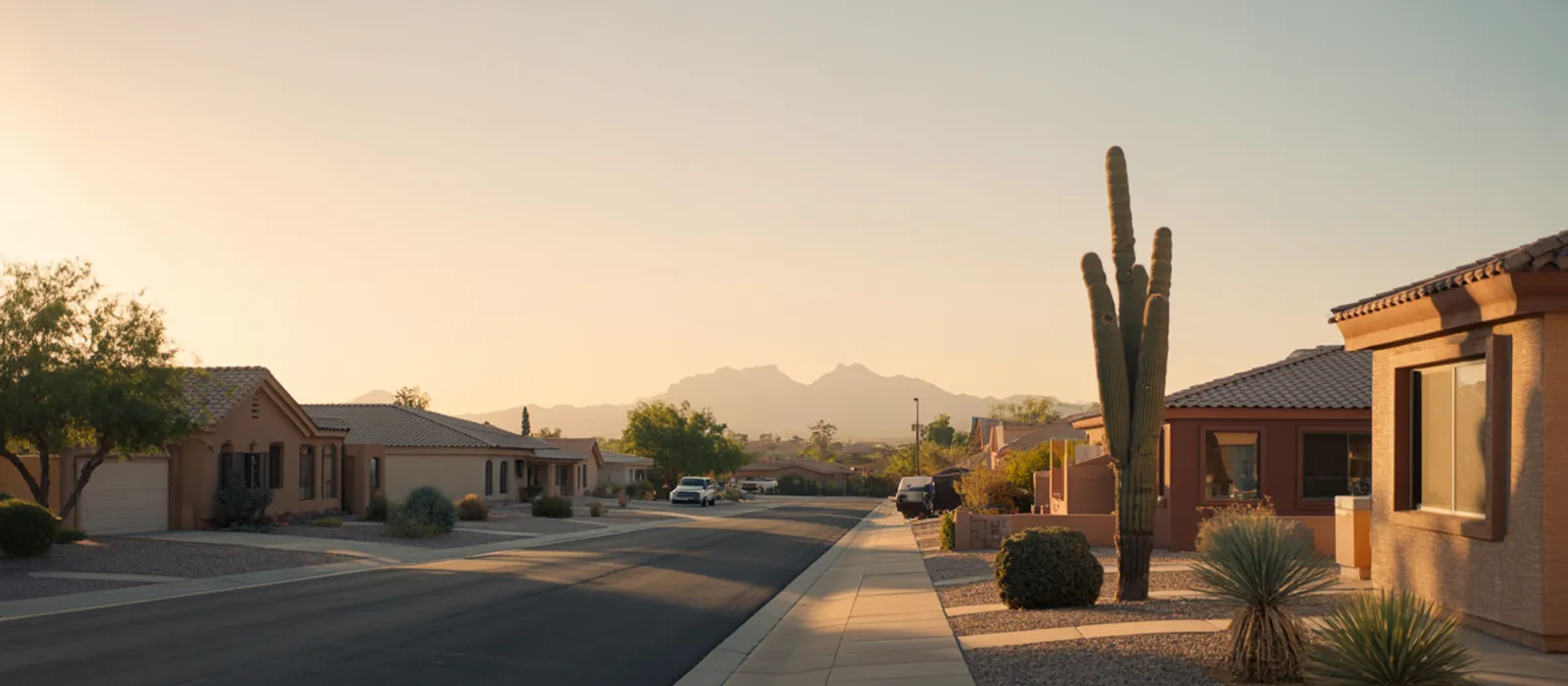 Illustration of an East Valley residential street at golden hour with desert landscaping and mountains